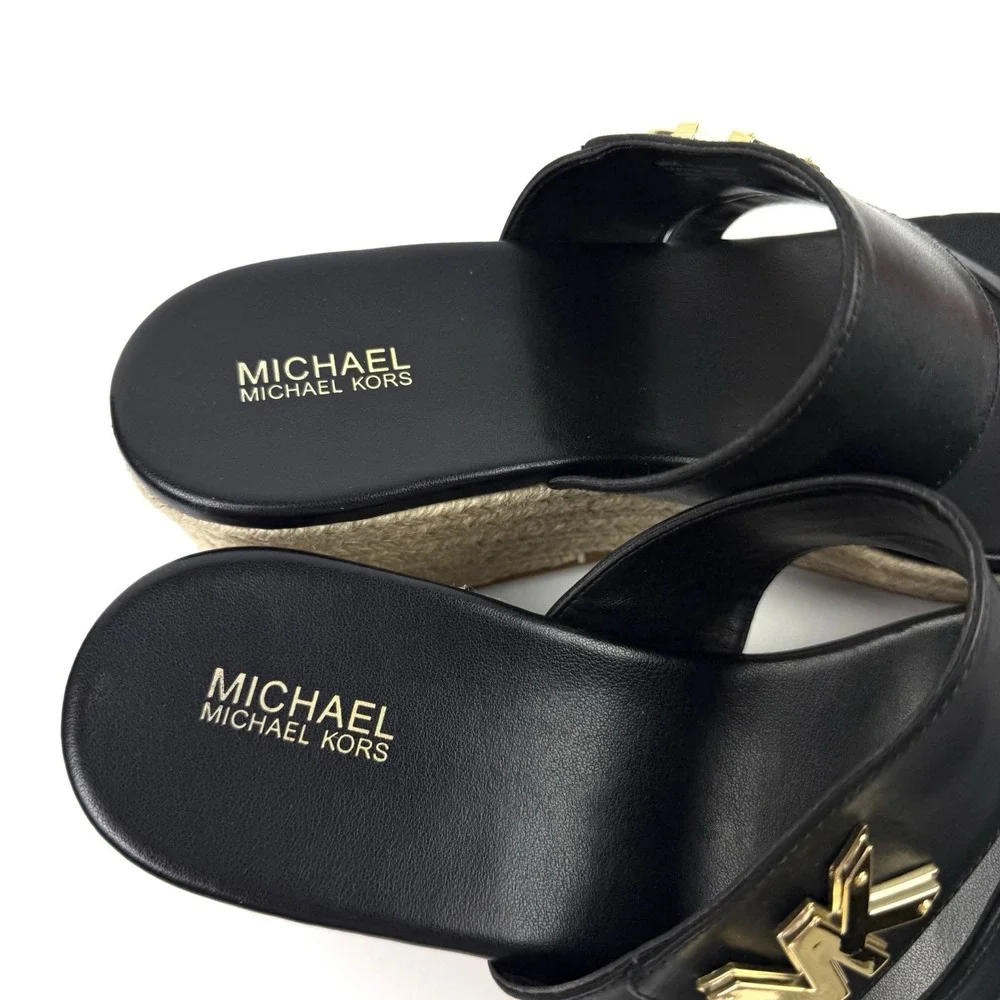 Michael Kors Jilly Espadrille Wedge 8.5 Black Leather Slip On Gold Logo Sandals